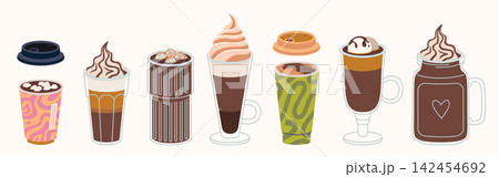 Set of coffee drinks like iced coffee, affogato, latte, frappe and more. Sweet beverages and desserts for cafe menu and drink variety concept. Trendy modern vector illustration, hand drawn, flat 142454692