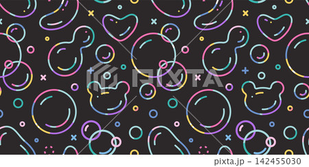 Seamless pattern with Neon Rainbow soap bubbles, various shapes  and colorful outlines. Iridescent transparent spheres. Trendy modern vector illustration on black background, flat design 142455030