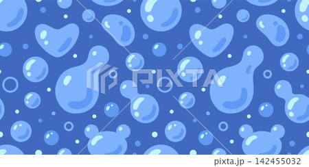 Seamless pattern with water bubbles and drops. Trendy modern vector illustration on dark blue background, hand drawn, flat design 142455032