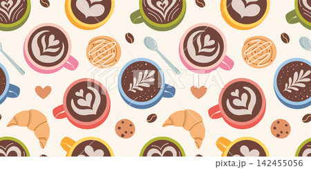 Cute seamless pattern featuring coffee cups with classical latte art and desserts. Top view drinks perfect for cafe menu and barista design. Trendy modern vector illustration on light background 142455056