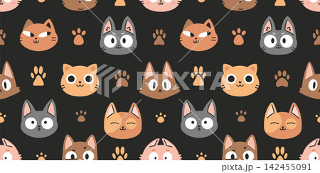 Cute seamless pattern with funny cat faces and paw prints on black background. Adorable kitten design perfect for kids textiles, wrapping paper and pet themed decor Cute seamless pattern with funny cat faces and paw prints on black background. Adorable kitten design perfect for kids textiles, wrapping paper and pet themed decor 142455091