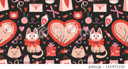 Cute seamless Valentine pattern with cats, hearts, gifts and romantic elements on black background. Kawaii love texture for holiday wrapping paper, fabric and cards. Modern vector illustration Cute seamless Valentine pattern with cats, hearts, gifts and romantic elements on black background. Kawaii love texture for holiday wrapping paper, fabric and cards. Modern vector illustration 142455102