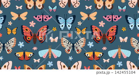 Colorful seamless pattern with butterflies and small flowers on blue background. Cheerful summer nature texture for fabric, wallpaper, nursery and scrapbook design. Modern vector illustration 142455104