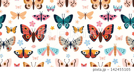Colorful seamless pattern with butterflies and small flowers on light background. Cheerful summer nature texture for fabric, wallpaper, nursery and scrapbook design. Modern vector illustration Colorful seamless pattern with butterflies and small flowers on light background. Cheerful summer nature texture for fabric, wallpaper, nursery and scrapbook design. Modern vector illustration 142455105