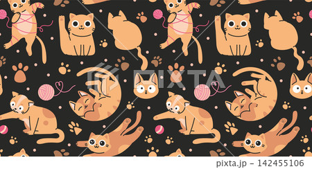 Cute seamless pattern with playful ginger cats, yarn balls and paw prints on black background. Cozy kawaii pet texture for kids fabric and wrapping paper. Modern vector illustration Cute seamless pattern with playful ginger cats, yarn balls and paw prints on black background. Cozy kawaii pet texture for kids fabric and wrapping paper. Modern vector illustration 142455106
