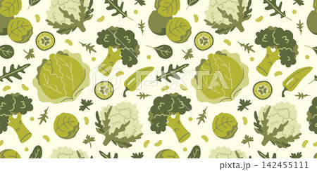 Seamless pattern with green vegetables and leafy greens on light background. Healthy plant food texture with broccoli, cabbage and cucumber for fresh design. Modern vector illustration Seamless pattern with green vegetables and leafy greens on light background. Healthy plant food texture with broccoli, cabbage and cucumber for fresh design. Modern vector illustration 142455111