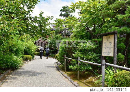 金沢市 大野庄用水沿い遊歩道と足軽資料館案内板と深緑 金沢市 大野庄用水沿い遊歩道と足軽資料館案内板と深緑 142455143