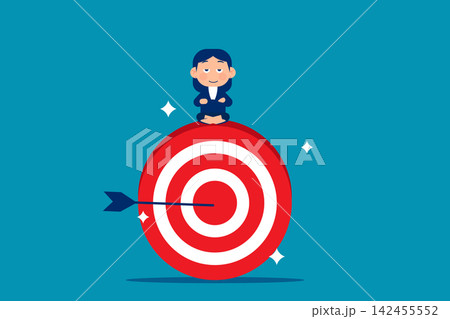 Peaceful businesswoman meditate sitting and focusing on big archer target. Stay focused and concentrate on business objective, goal or target, relax meditation to eliminate distraction concept. 142455552