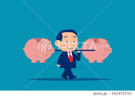 Businessman lifting weights or carrying piggy bank. Finance and industry. Modern flat vector illustration Businessman lifting weights or carrying piggy bank. Finance and industry. Modern flat vector illustration 142455555