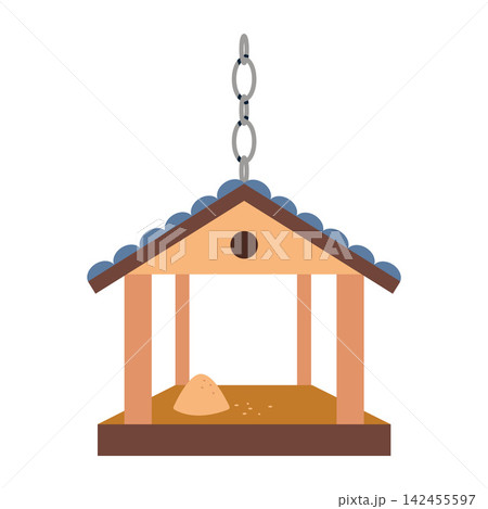 Flat vector illustration of a house-shaped hanging wooden bird feeder with seeds. Garden accessory for feeding wild birds, backyard designs 142455597
