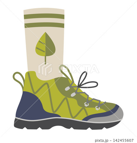 Lightweight hiking shoe with sock in flat style. Comfortable footwear for trekking, walking, camping and active lifestyle isolated on white background Lightweight hiking shoe with sock in flat style. Comfortable footwear for trekking, walking, camping and active lifestyle isolated on white background 142455607