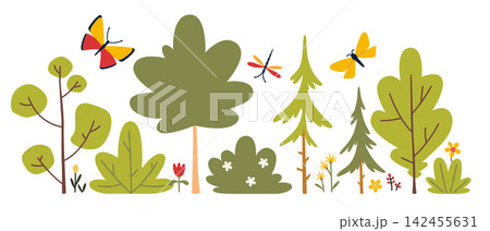 Summer forest landscape elements with trees, bushes, wildflowers, butterflies and dragonflies. Flat vector collection for seasonal scenes, nature illustrations and outdoor projects Summer forest landscape elements with trees, bushes, wildflowers, butterflies and dragonflies. Flat vector collection for seasonal scenes, nature illustrations and outdoor projects 142455631