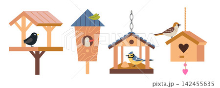 Collection of birdhouses, nesting boxes and bird feeders with garden birds. Flat vector set for wildlife, gardening, backyard and nature themed designs Collection of birdhouses, nesting boxes and bird feeders with garden birds. Flat vector set for wildlife, gardening, backyard and nature themed designs 142455635