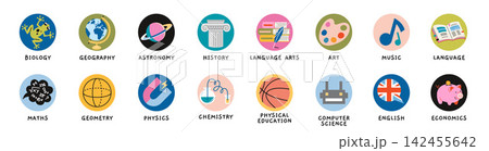 Set of round school subject icons like biology, history, chemistry, physics and others. Perfect for educational platforms, presentations, and textbooks. Flat vector illustrations isolated on white 142455642