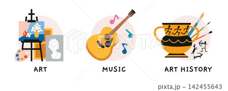 Collection of school icons for art, music and art history. Creative education illustrations for classroom materials, learning resources, educational posters and school projects 142455643