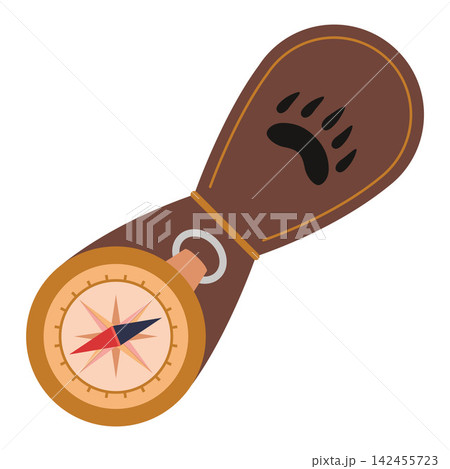 Camping compass in vintage leather case for navigation, orientation and outdoor adventures. Flat vector illustration isolated on white background 142455723