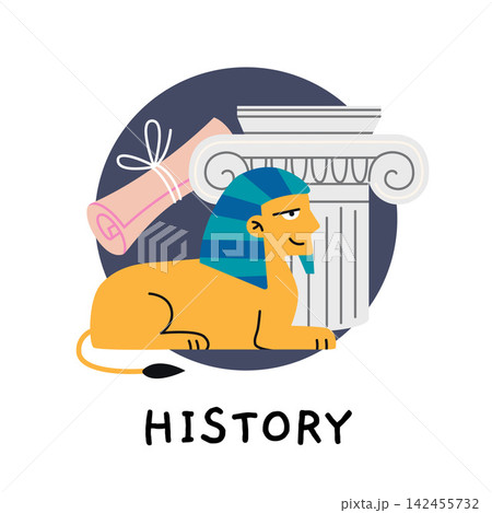 History school subject icon with sphinx, ancient column and scroll for education, archaeology and world civilization studies. Flat vector illustrations isolated on white background History school subject icon with sphinx, ancient column and scroll for education, archaeology and world civilization studies. Flat vector illustrations isolated on white background 142455732