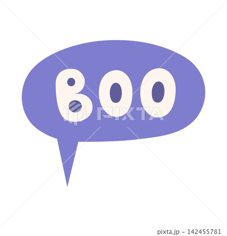Purple speech bubble with the word BOO in white letters. A playful Halloween element for seasonal designs and decorations. Flat vector illustrations isolated on white background Purple speech bubble with the word BOO in white letters. A playful Halloween element for seasonal designs and decorations. Flat vector illustrations isolated on white background 142455781