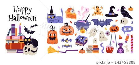 Whimsical Halloween collection with books, pumpkins, ghosts, black cat, bats and magical objects, designed for seasonal and festive projects. Flat vector illustrations isolated on white background 142455809
