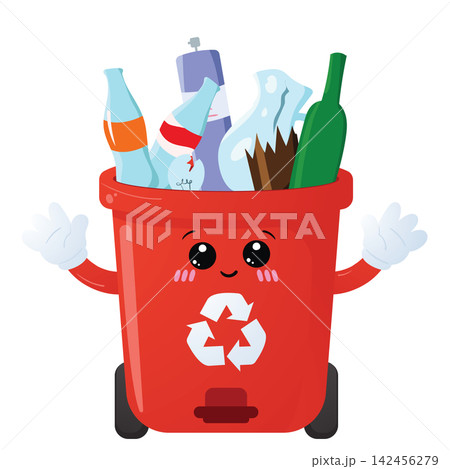 Red Recycling Bin Filled with Plastic Bottles and Glass Waste for Recycling 142456279