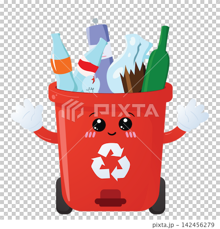 Red Recycling Bin Filled with Plastic Bottles and Glass Waste for Recycling 142456279
