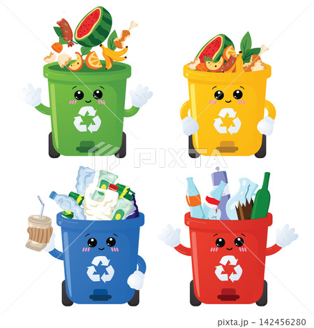 Four Colorful Recycling Bins with Food, Plastic and Household Waste Collection 142456280