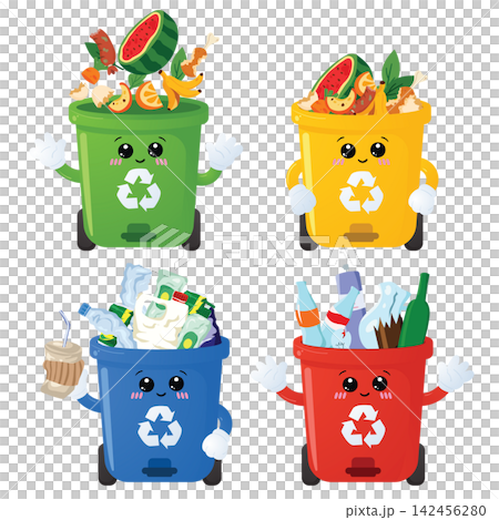 Four Colorful Recycling Bins with Food, Plastic and Household Waste Collection 142456280