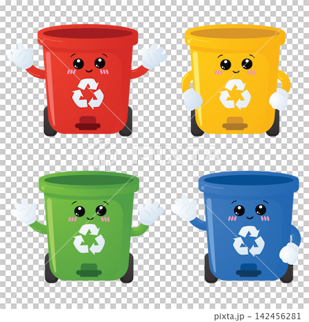 Colorful Recycling Bins Set for Household Waste Sorting and Environmental Awareness Colorful Recycling Bins Set for Household Waste Sorting and Environmental Awareness 142456281