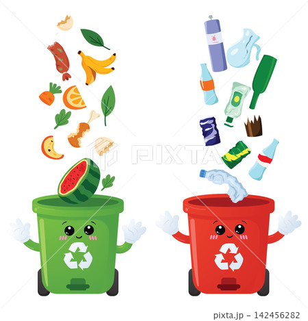 Colorful Recycling Bins with Floating Food and Plastic Waste for Waste Sorting Colorful Recycling Bins with Floating Food and Plastic Waste for Waste Sorting 142456282