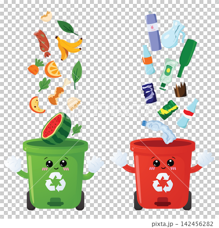 Colorful Recycling Bins with Floating Food and Plastic Waste for Waste Sorting Colorful Recycling Bins with Floating Food and Plastic Waste for Waste Sorting 142456282