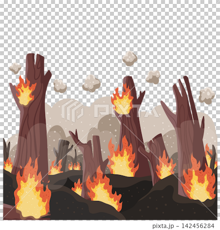 Wildfire Burning Forest with Charred Trees, Flames and Smoke Wildfire Burning Forest with Charred Trees, Flames and Smoke 142456284