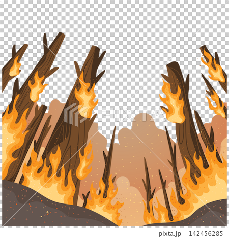 Burning Forest Landscape with Charred Trees and Wildfire Flames Burning Forest Landscape with Charred Trees and Wildfire Flames 142456285