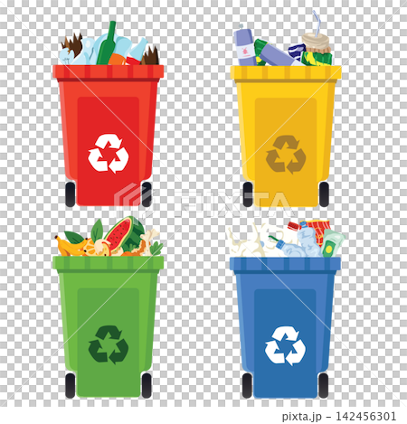Four Colorful Recycling Bins for Household Waste Sorting and Environmental Protection Four Colorful Recycling Bins for Household Waste Sorting and Environmental Protection 142456301