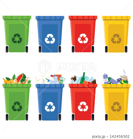 Set of Colorful Recycling Containers for Waste Separation and Sustainable Living Set of Colorful Recycling Containers for Waste Separation and Sustainable Living 142456302