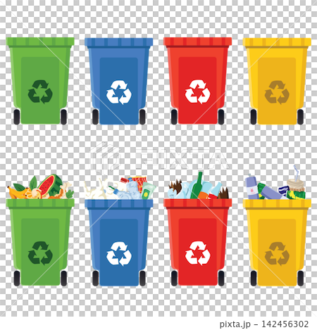 Set of Colorful Recycling Containers for Waste Separation and Sustainable Living Set of Colorful Recycling Containers for Waste Separation and Sustainable Living 142456302