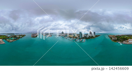 Landscape aerial Miami marina cityscape. Luxury panoramic view Florida. Miami south beach aerial panorama. Panoramic landscape of Miami south beach, Florida. Aerial panorama view on marina 142456609