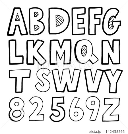 Alphabet set with playful line art bringing cheerful creative learning mood Alphabet set with playful line art bringing cheerful creative learning mood 142458263