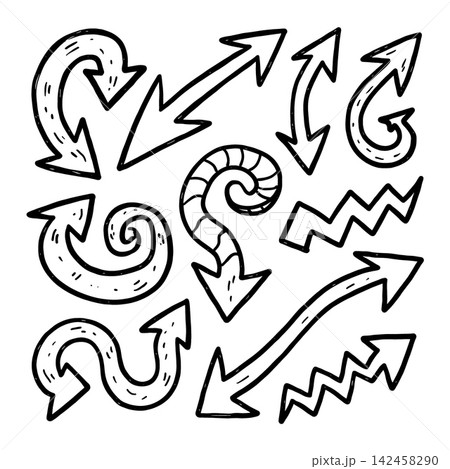 Hand drawn arrow doodle set conveying energetic dynamic expression 142458290