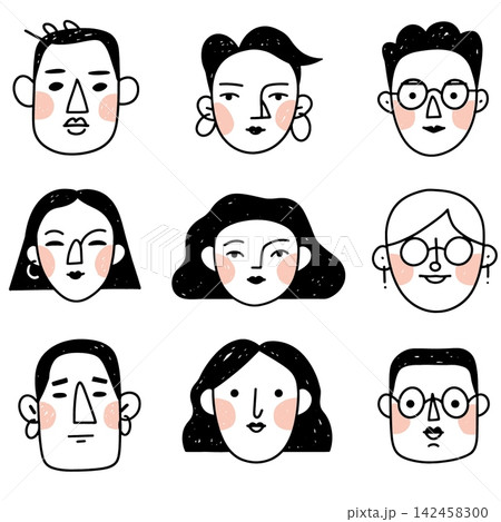 Hand drawn face avatar illustration set showing happy emotion Hand drawn face avatar illustration set showing happy emotion 142458300