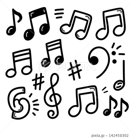 Hand drawn musical note set conveying happy joyful rhythm concept Hand drawn musical note set conveying happy joyful rhythm concept 142458302