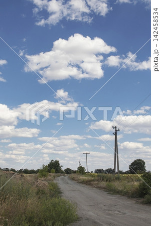 Electricity transmission tower in rural area. High voltage tower and power lines in rural landscape under cloudy sky. Electricity transmission tower in rural area. High voltage tower and power lines in rural landscape under cloudy sky. 142458534