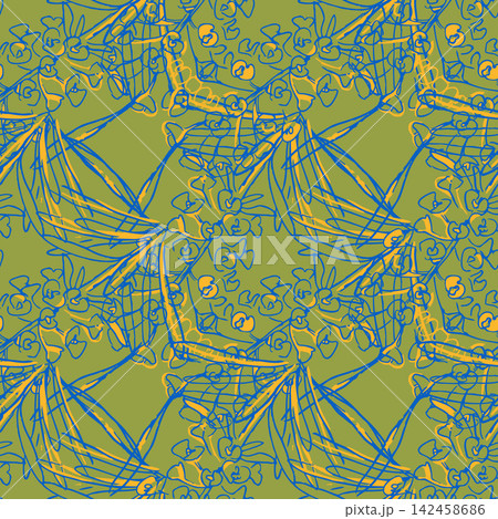Hand drawn Mediterranean spurge seamless vector pattern on olive green. Ideal for luxury wallpaper, apparel textiles, packaging, and home decor print. Hand drawn Mediterranean spurge seamless vector pattern on olive green. Ideal for luxury wallpaper, apparel textiles, packaging, and home decor print. 142458686