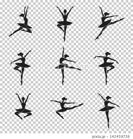 This image presents a selection of vector illustrations in the form of black silhouettes depicting a ballerina 142459726