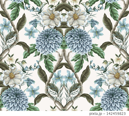 Seamless pattern with dahlia and magnolia flowers. Vector. 142459823