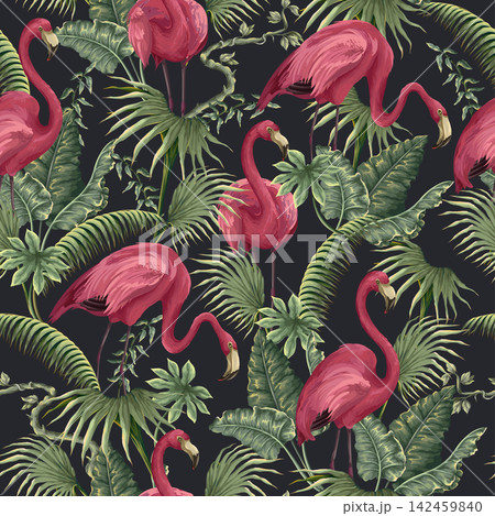 Seamless pattern with flamingos and tropical tress. Vector. 142459840