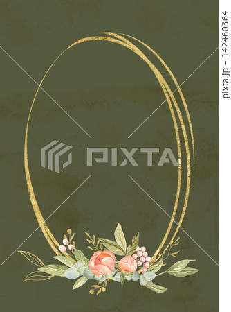 Peony flowers green leaves, berries watercolor vertical frame on textured green. Hand-painted with golden detail, perfect for wedding invitations, branding, packaging, fabric design, cards. Peach tone 142460364