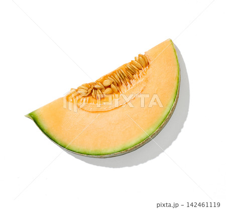 Juicy Sliced Ripe Melon with Seeds Close Up Macro isolated on white Background Juicy Sliced Ripe Melon with Seeds Close Up Macro isolated on white Background 142461119