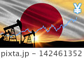 Industrial oil jacks stand against a bright sunset glow. An upward trend line shows crude market expansion. 142461352