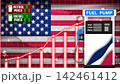 Fuel dispenser stands beside a rising financial market graph. American flag and price increase indicators mark energy inflation. 142461412