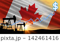 Industrial oil pump silhouettes operate across the horizon at sunset. The Canadian flag waves behind a surging commodity price chart line. 142461416